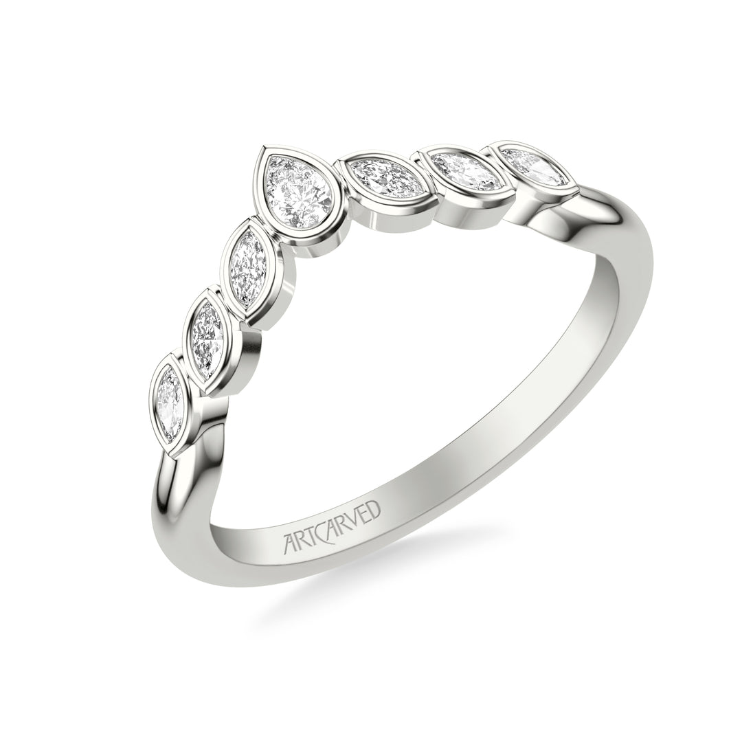 31-V1077-L - ARTCARVED - Floral Curved Wedding Band with Bezel Set Marquise and Pear Diamonds