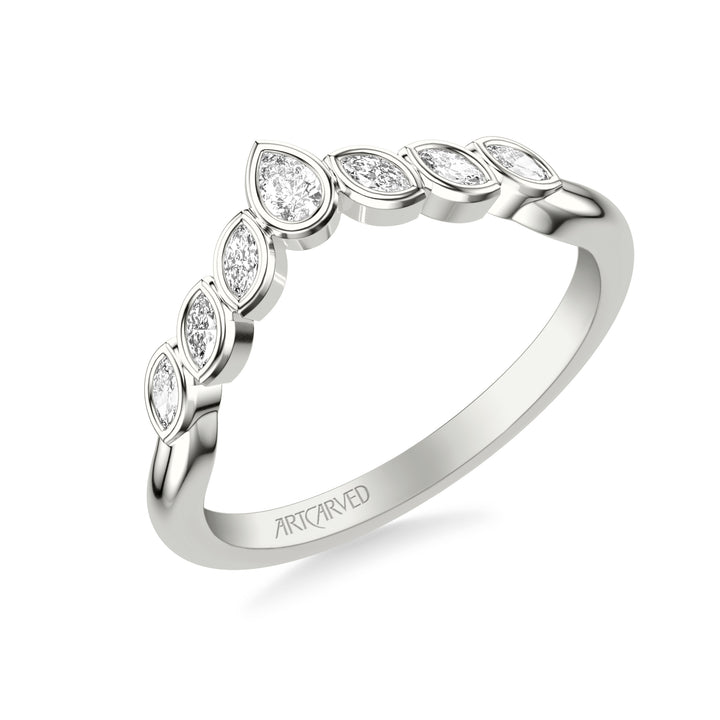 31-V1077-L - ARTCARVED - Floral Curved Wedding Band with Bezel Set Marquise and Pear Diamonds