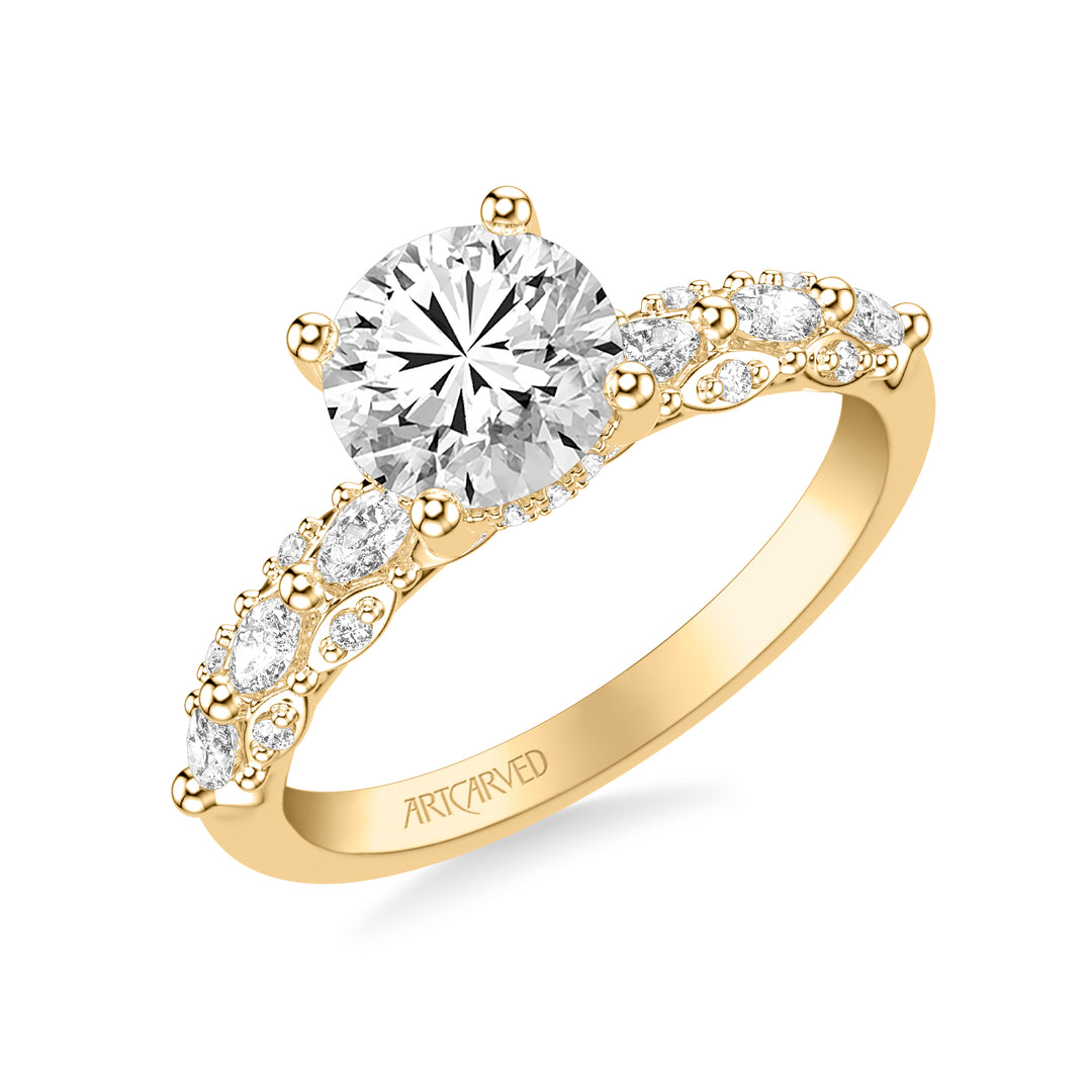 Classic Engagement Ring with Triple Row Prong Set Round and Marquise Diamond Shank.  Center Stone is not included.