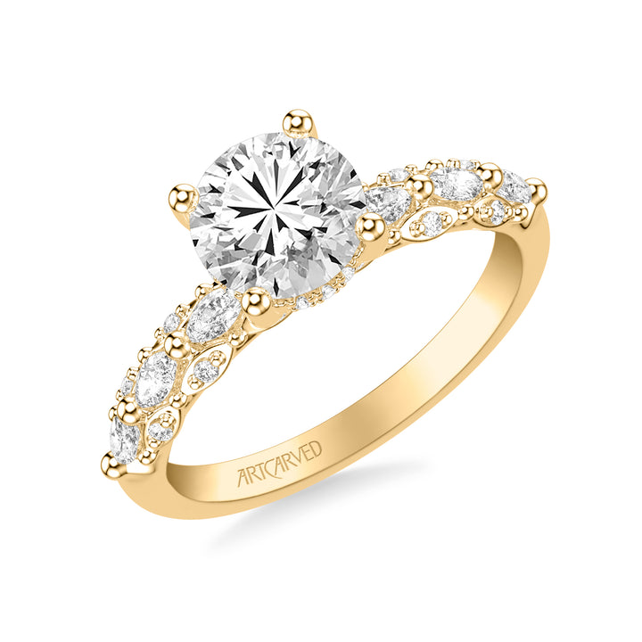 Classic Engagement Ring with Triple Row Prong Set Round and Marquise Diamond Shank.  Center Stone is not included.