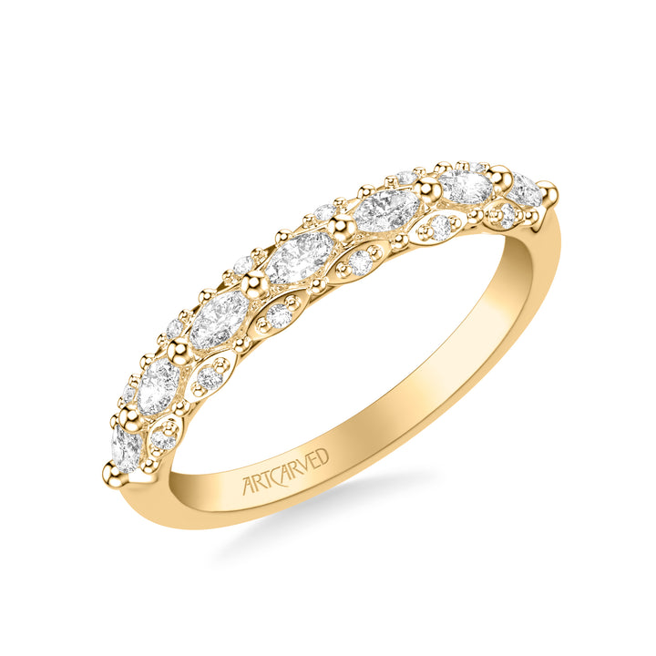 31-V1078-L - ARTCARVED -  Classic Wedding Band with Triple Row Prong Set Round and Marquise Diamonds