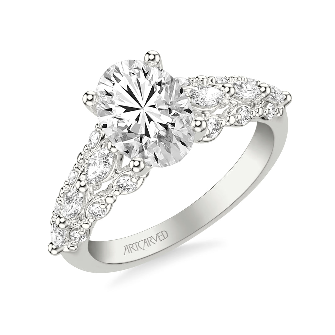 31-V1079GRW-E.01 - ARTCARVED -  Classic Engagement Ring with Cathedral Shank and Graduated Triple Row Prong Set Round and Marquise Diamond Shank