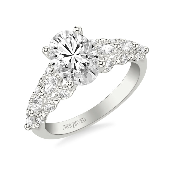 31-V1079GRW-E.01 - ARTCARVED -  Classic Engagement Ring with Cathedral Shank and Graduated Triple Row Prong Set Round and Marquise Diamond Shank