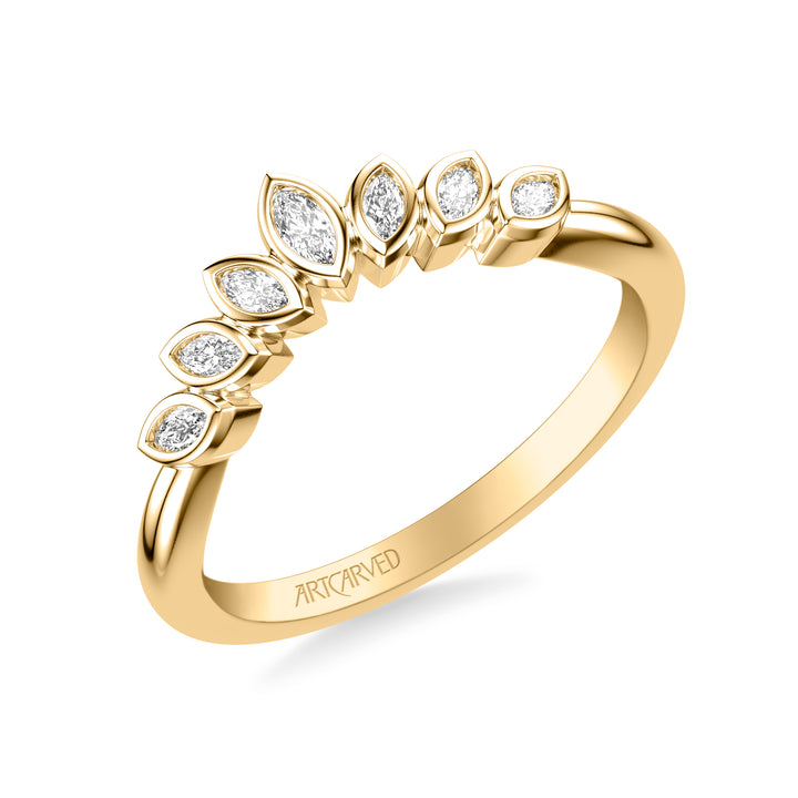31-V1080-L - ARTCARVED - Floral Curved Wedding Band with Bezel Set Marquise Diamonds and Polished Band