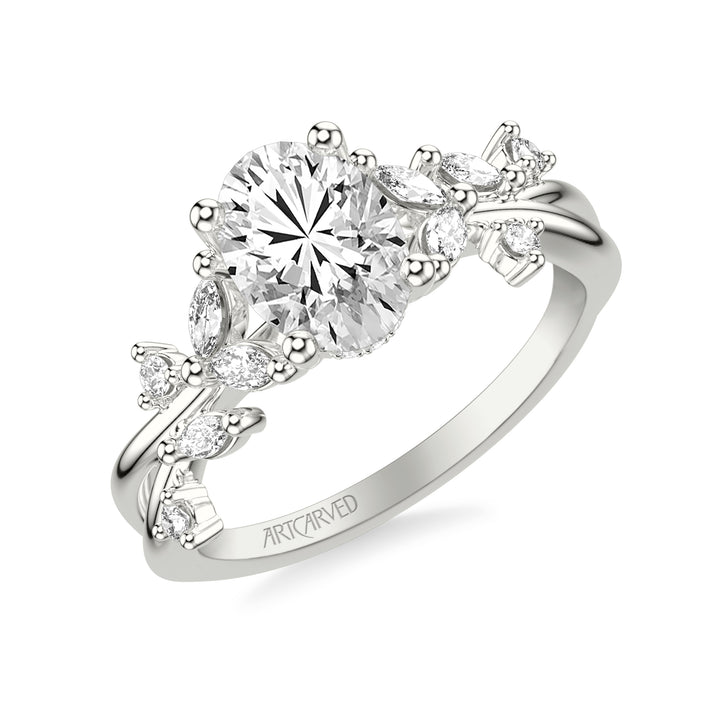 31-V1082-E - ARTCARVED - Floral Engagement Ring with Prong Set Marquise and Round Diamond Accents and Twisted Polished Shank