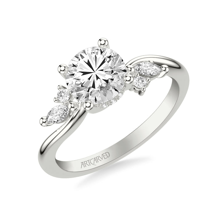 31-V1083GRW-E.01 - ARTCARVED - Floral Engagement Ring with Prong Set Marquise and Round Diamond Accents and Bypass Polished Shank