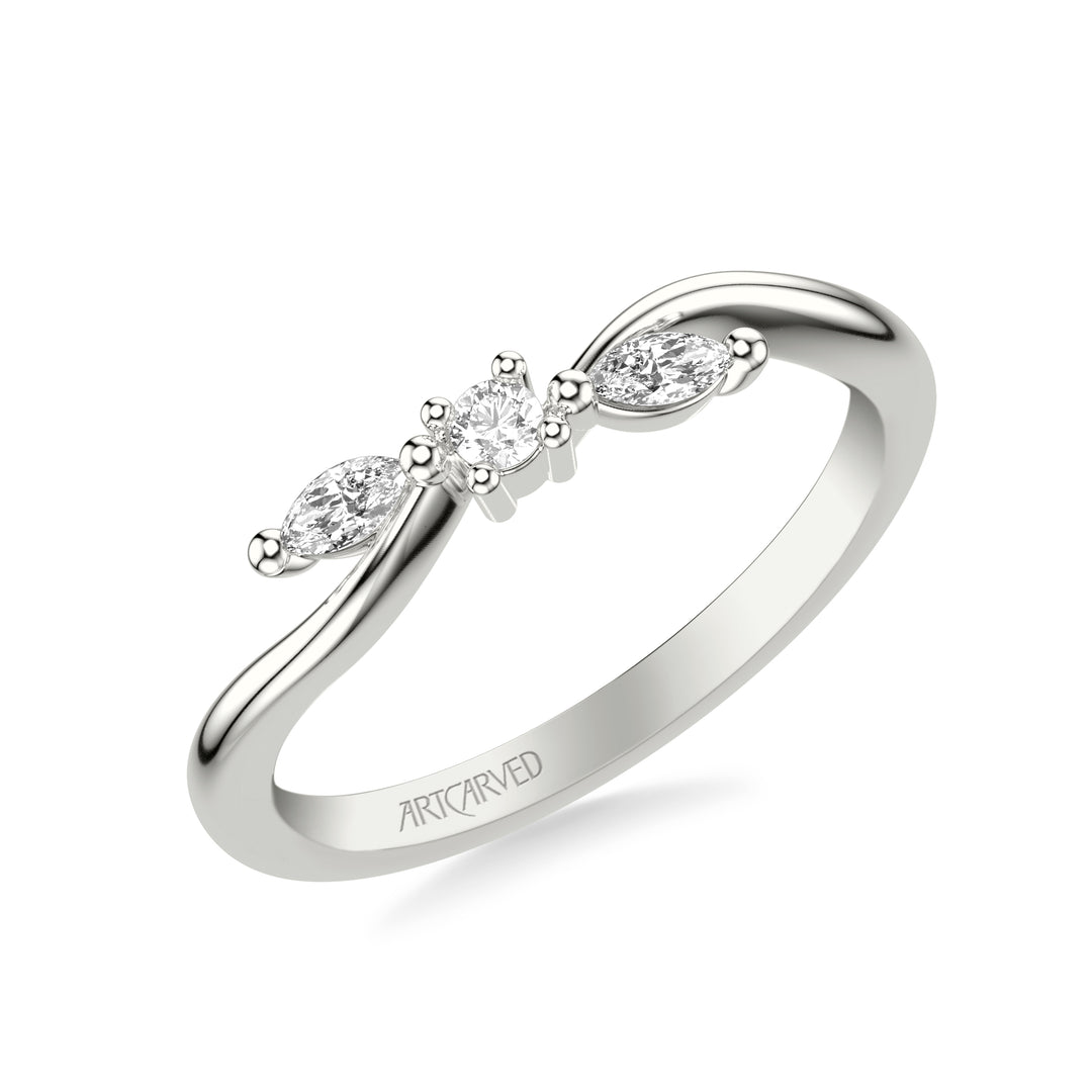 31-V1083-L - ARTCARVED - Floral Wedding Band with Prong Set Marquise and Round Diamond Accents and Organic Polished Band
