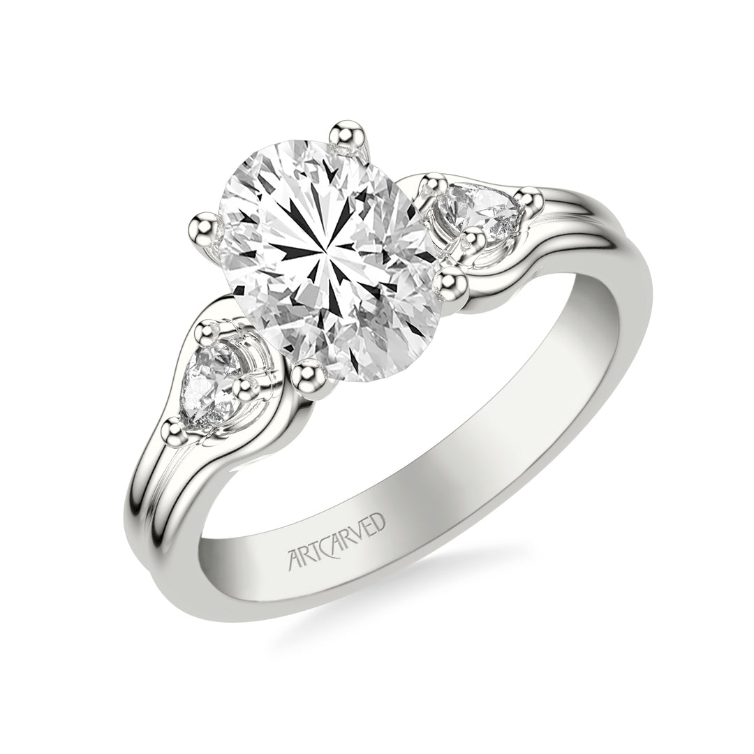 31-V1087-E - ARTCARVED - Classic Three-Stone Engagement Ring with Pear Side Stones and Double Row Polished Shank