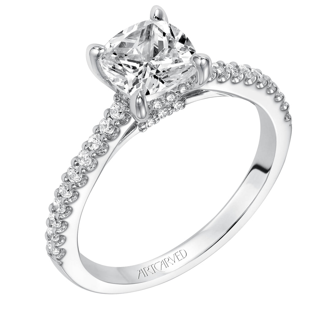 31-V574GRW-E.01 - ARTCARVED - Willa, Classic prong set diamond engagement ring with diamond detailed crown and bridge with diamond accented shank