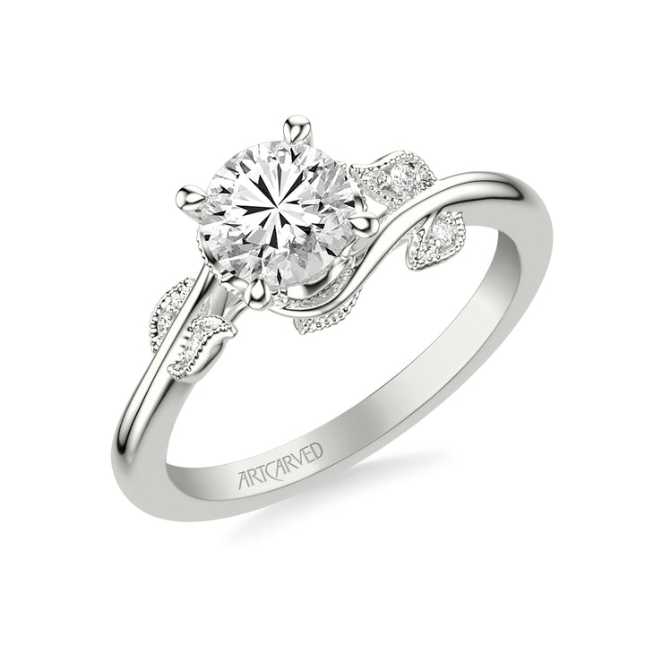 31-V783-E - ARTCARVED - Floral Engagement Ring with Diamond and Milgrain Accented Petal Gallery and Polished Shank