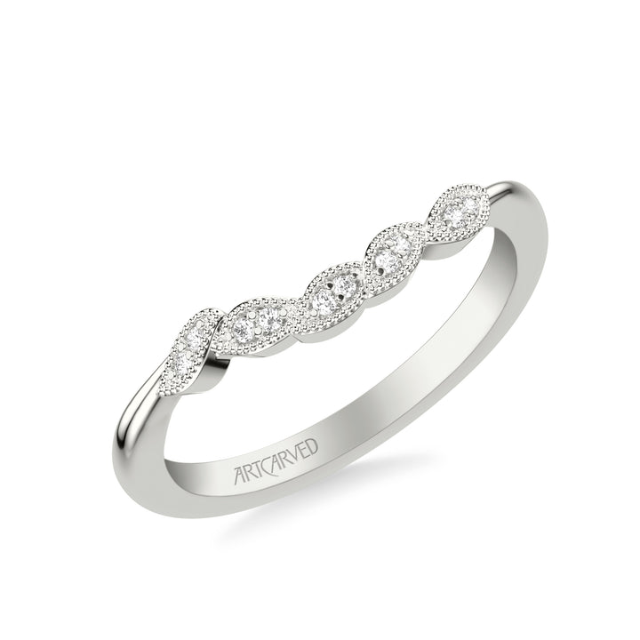 Floral Curved Wedding Band with Diamond and Milgrain Petal Accents