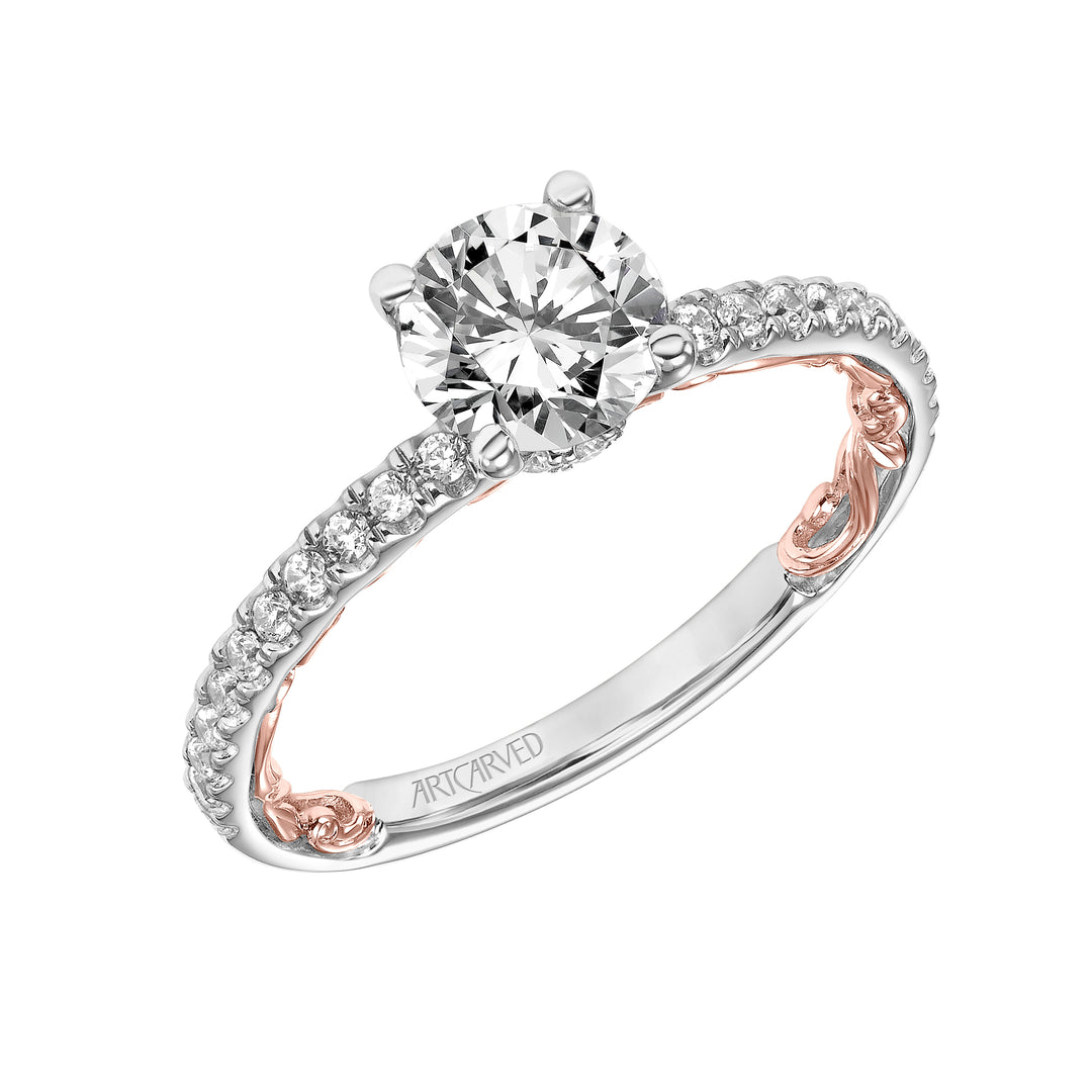 Lyric Engagement Ring with Diamond Collar and Inner Carved details and Diamond Shank.  Center Stone is not included.