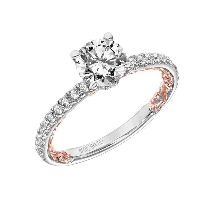 31-V903-E - ARTCARVED - Lyric Engagement Ring with Diamond Collar and Inner Carved details and Diamond Shank