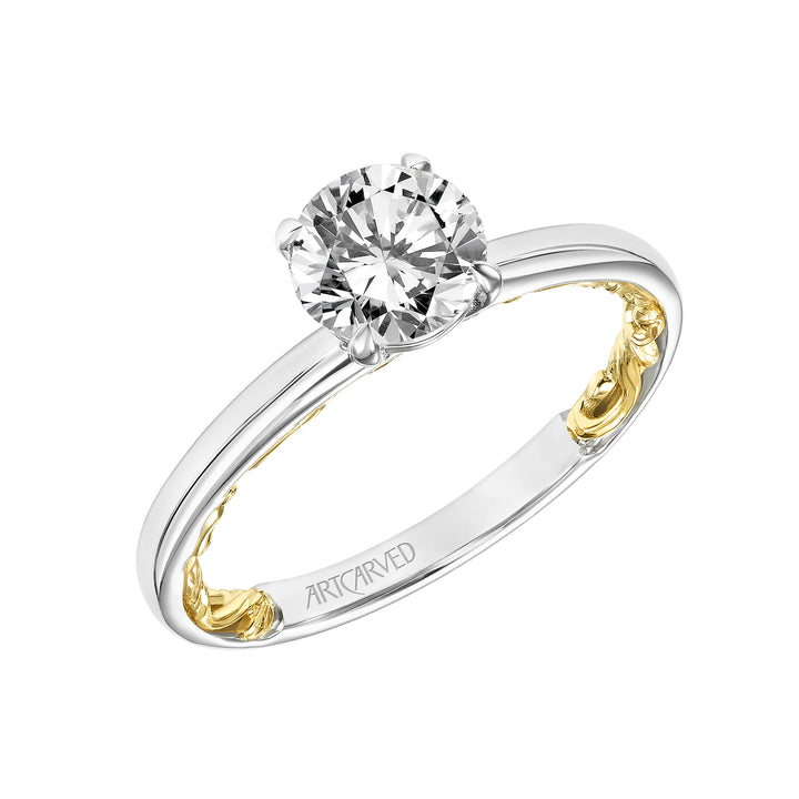 Lyric Solitaire Diamond Engagement Ring  with Inner Carved details and Polished Shank.  Center Stone is not included.
