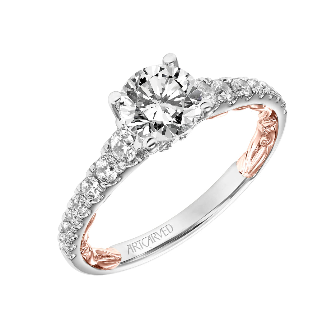 31-V911ERWY-E.01 - Goldman - Lyric Engagement Ring with Diamond Accent basket and Inner Carved details and Graduated Diamond Shank