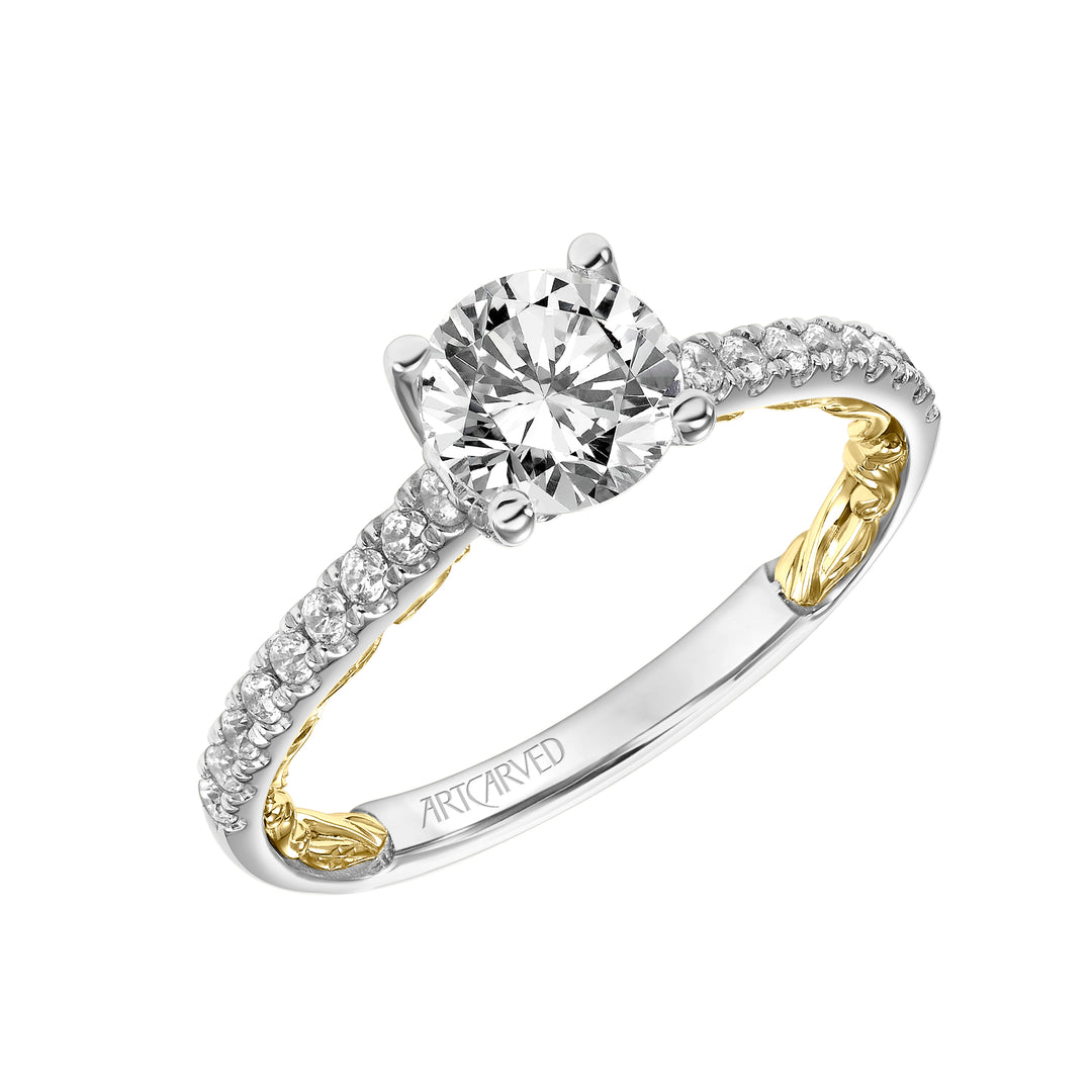 31-V912-E - ARTCARVED - Lyric Engagement Ring with Diamond Accent basket and Inner Carved details and Graduated Diamond Shank