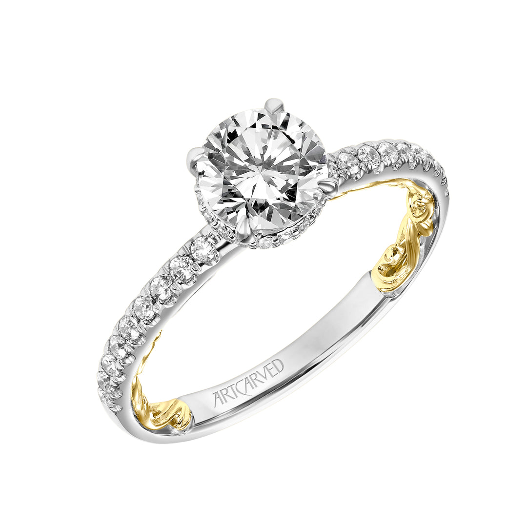 Lyric Engagement Ring with Hidden Diamond Halo and Inner Carved details and Diamond Shank.  Center Stone is not included.