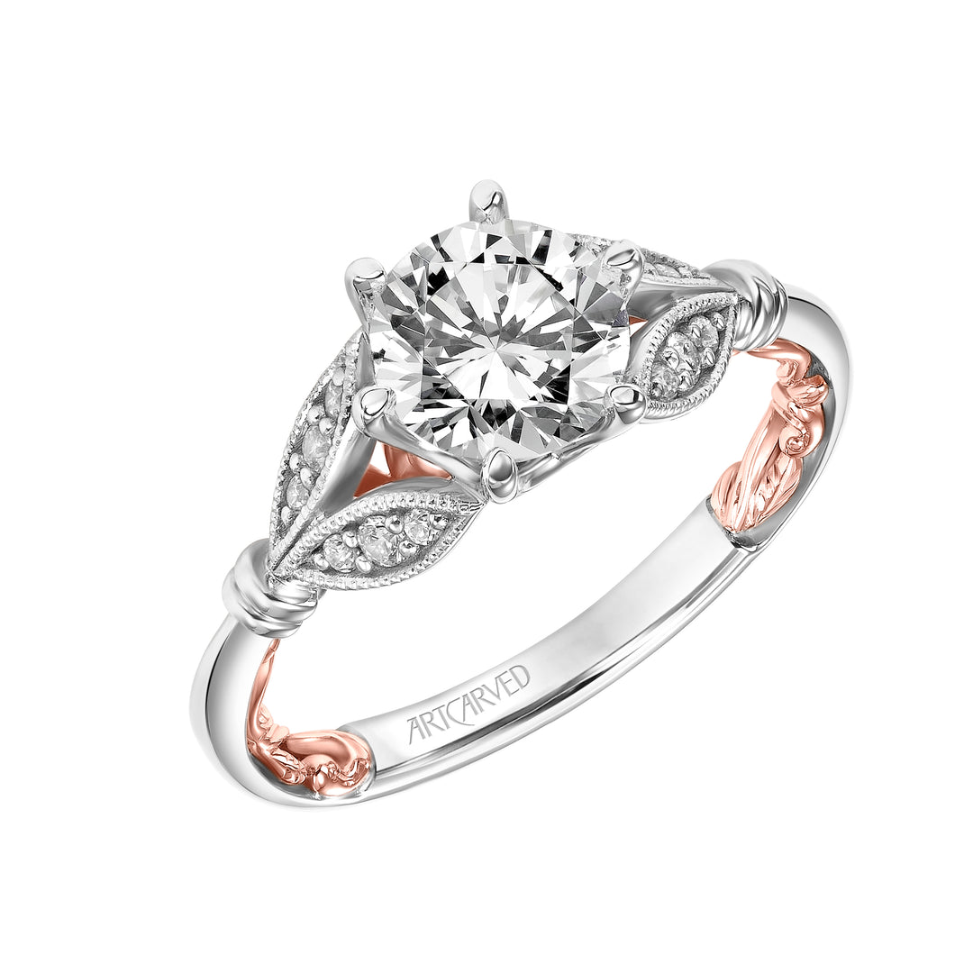31-V916-E - ARTCARVED - Lyric Engagement Ring with Six Prong Setting and Inner Carved details and Milgrian Petal Accents with Polished Shank