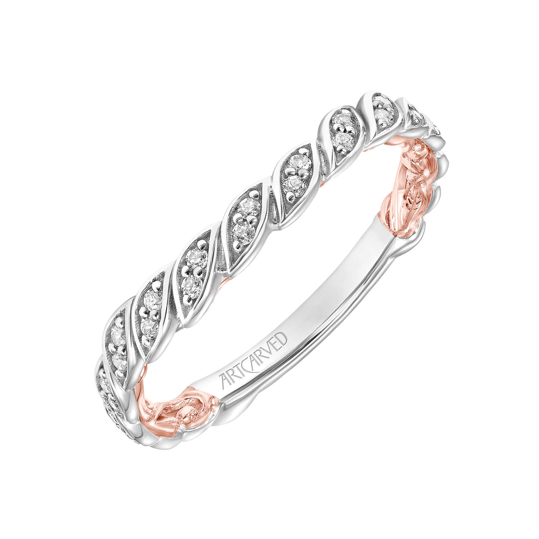 31-V916-L - ARTCARVED - Lyric Curved Wedding Band with Milgrain Vine Motif Diamond Accents