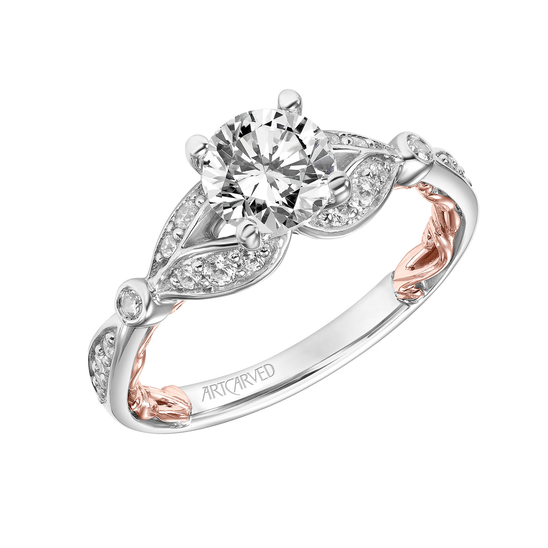 Lyric Engagement Ring with Inner Carved details and Milgrain Petal Accents and Diamond Shank.  Center Stone is not included.