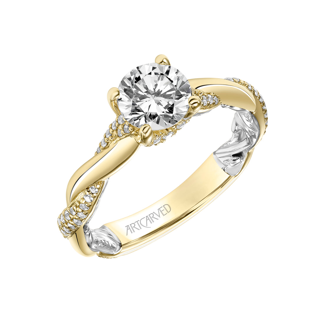 31-V920ERYW-E.01 - Goldman - Lyric Engagement Ring with Diamond Accent basket and Inner Carved details with Alternating Diamond and Polish Twist Shank