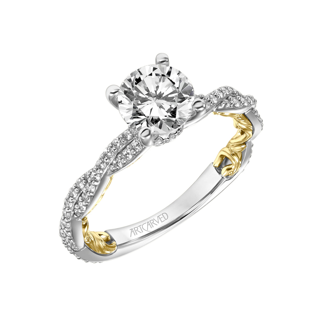 Lyric Engagement Ring with Diamond Collar and Inner Carved details and Twist Diamond Shank.  Center Stone is not included.