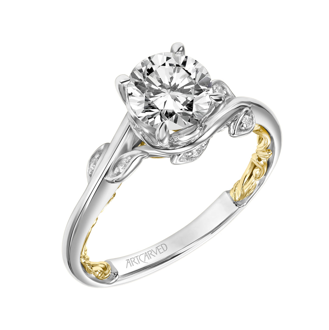 31-V922GRWY-E.01 - Goldman - Lyric Engagement Ring with Diamond Accented Petal Gallery and Inner Carved details and Polished Shank