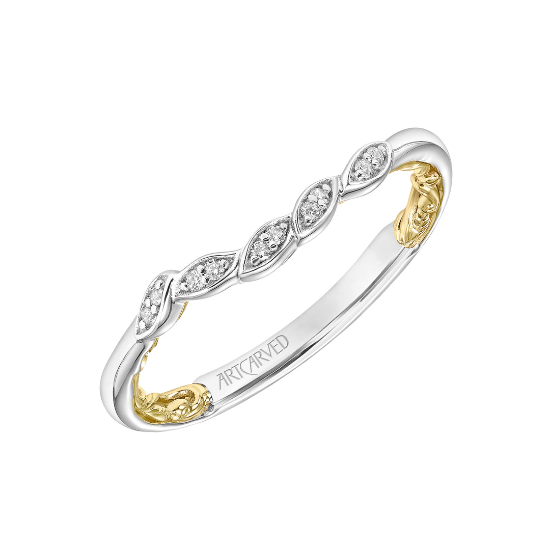 31-V922-L - ARTCARVED - Lyric Curved Wedding Band with Diamond and Milgrain Petal Accents