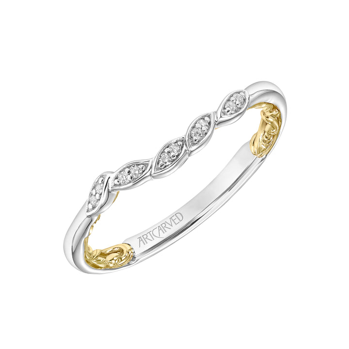 31-V922-L - ARTCARVED - Lyric Curved Wedding Band with Diamond and Milgrain Petal Accents