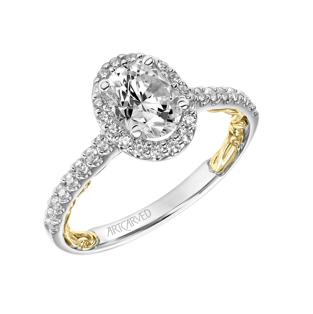 31-V928-E - ARTCARVED - Lyric Engagement Ring with Oval Diamond Halo and Accented Diamond Gallery with Inner Carved details and Diamond Shank