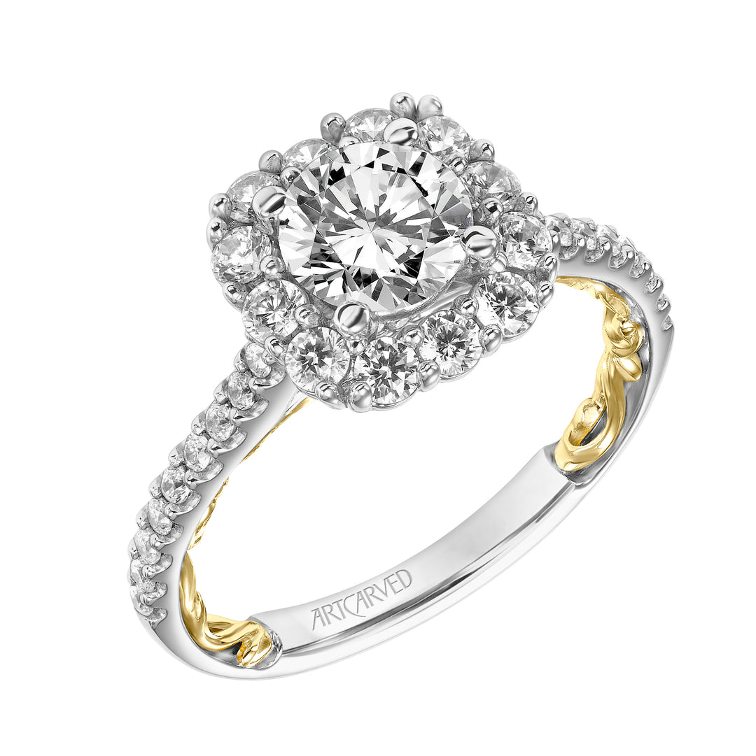 31-V930-E - ARTCARVED - Lyric Engagement Ring with Cushion Diamond Halo and Accented Diamond Gallery with Diamond Shank