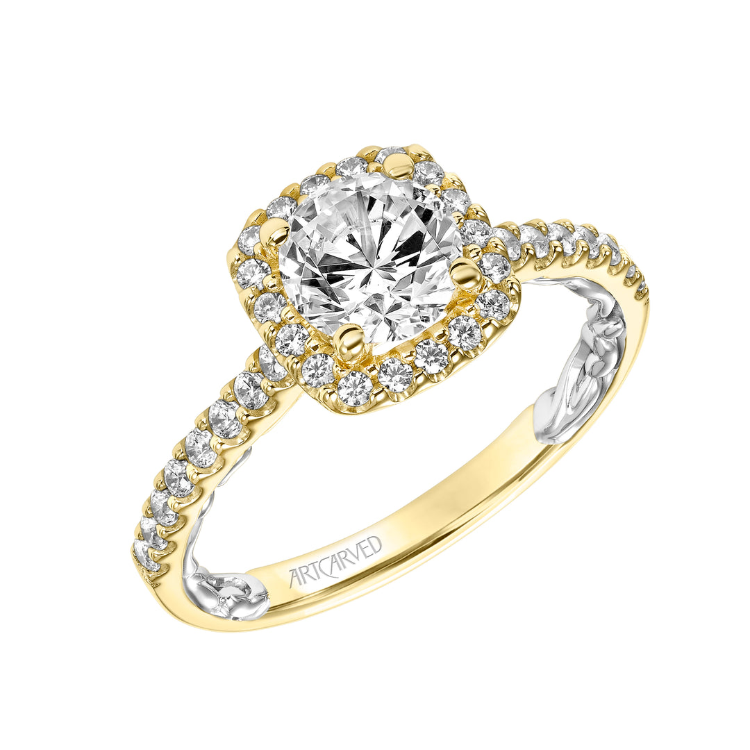 31-V934ERYW-E.01 - ARTCARVED - Lyric Engagement Ring with Cushion Diamond Halo and Accented Diamond Gallery with Diamond Shank