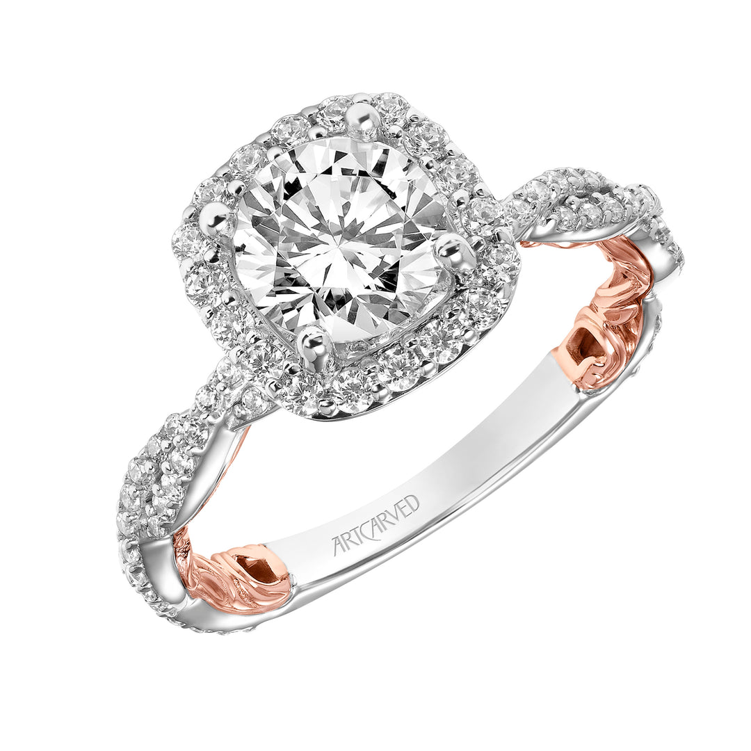 Lyric Engagement Ring with Cushion Diamond Halo and Accented Diamond Gallery with Inner Carved details and Diamond Shank.  Center Stone is not included.