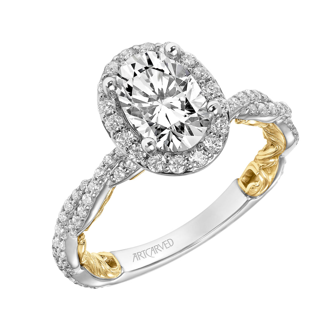 31-V959GVWY-E.01 - Goldman - Lyric Engagement Ring with Oval Diamond Halo and Accented Diamond Gallery with Inner Carved details and Diamond Shank