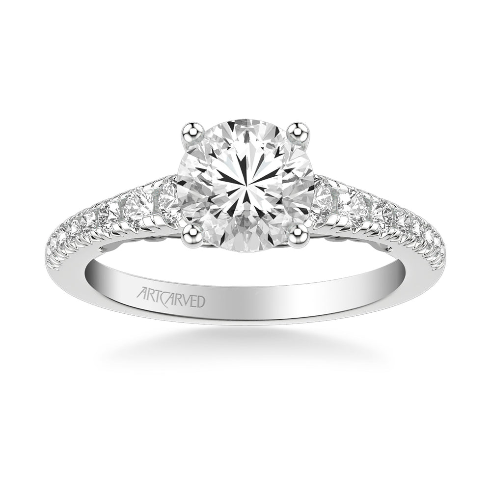 Lyric Engagement Ring with Carved Gallery details and Graduated Diamond Shank.  Center Stone is not included.