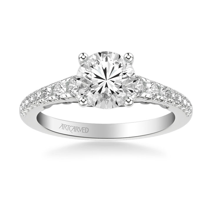 Lyric Engagement Ring with Carved Gallery details and Graduated Diamond Shank.  Center Stone is not included.