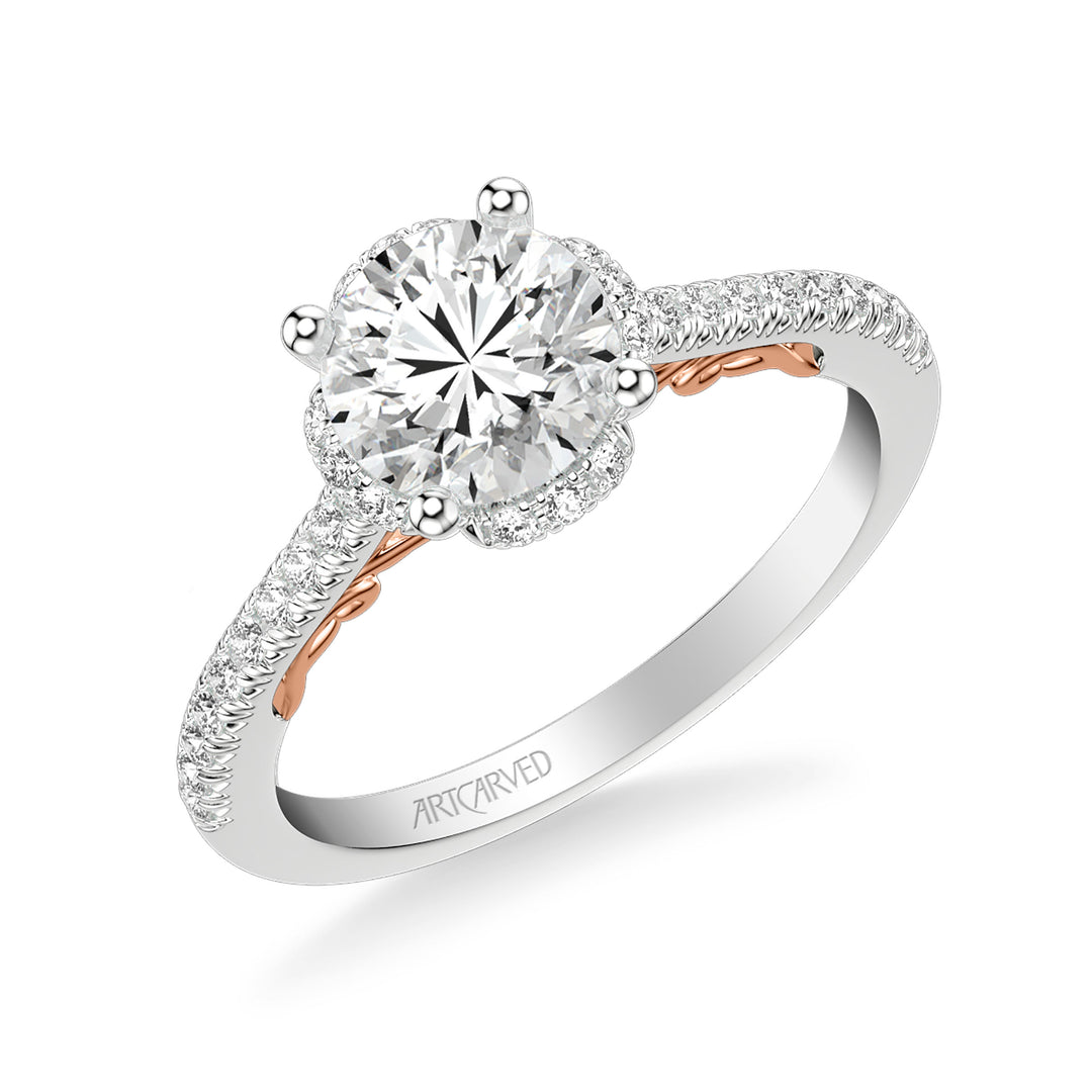 31-V1010-E - ARTCARVED - Lyric Engagement Ring with Round Diamond Halo and Carved Gallery details with  Diamond Shank
