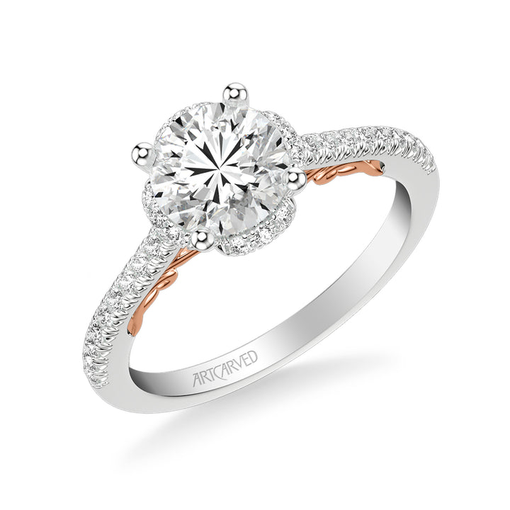 31-V1010-E - ARTCARVED - Lyric Engagement Ring with Round Diamond Halo and Carved Gallery details with  Diamond Shank