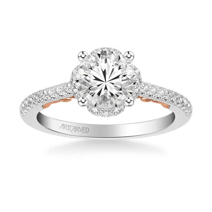 31-V1010-E - ARTCARVED - Lyric Engagement Ring with Round Diamond Halo and Carved Gallery details with  Diamond Shank