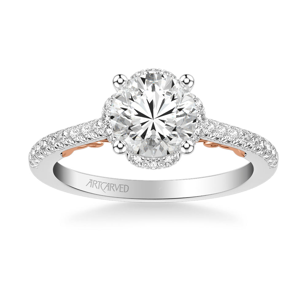 31-V1010-E - ARTCARVED - Lyric Engagement Ring with Round Diamond Halo and Carved Gallery details with  Diamond Shank