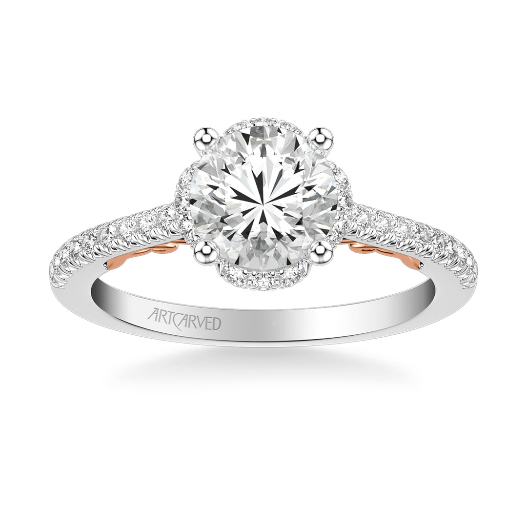 31-V1010-E - ARTCARVED - Lyric Engagement Ring with Round Diamond Halo and Carved Gallery details with  Diamond Shank