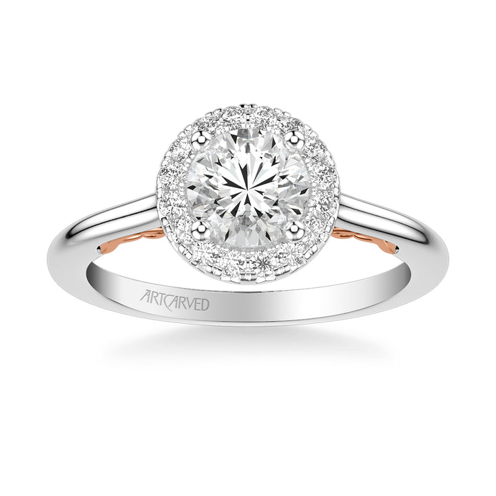 Lyric Engagement Ring with Round Diamond Halo and Carved Gallery details with Polished Shank.  Center Stone is not included.