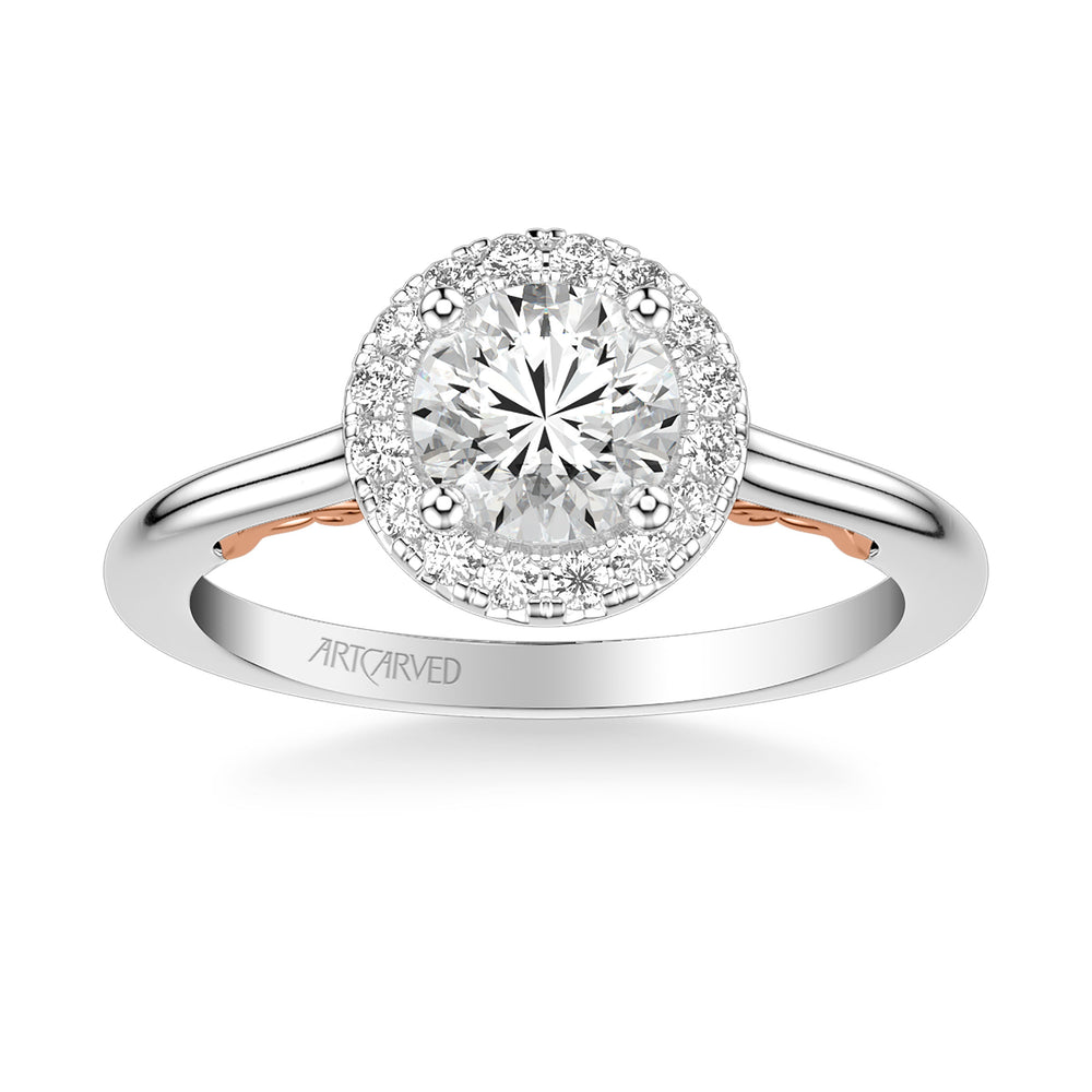 Lyric Engagement Ring with Round Diamond Halo and Carved Gallery details with Polished Shank.  Center Stone is not included.