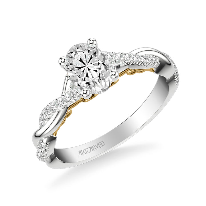 Lyric Engagement Ring with Carved Gallery details and Alternating Diamond and Polish Twist Shank