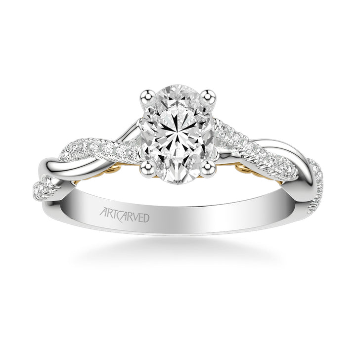31-V1012EVWY-E.01 - ARTCARVED - Lyric Engagement Ring with Carved Gallery details and Alternating Diamond and Polish Twist Shank