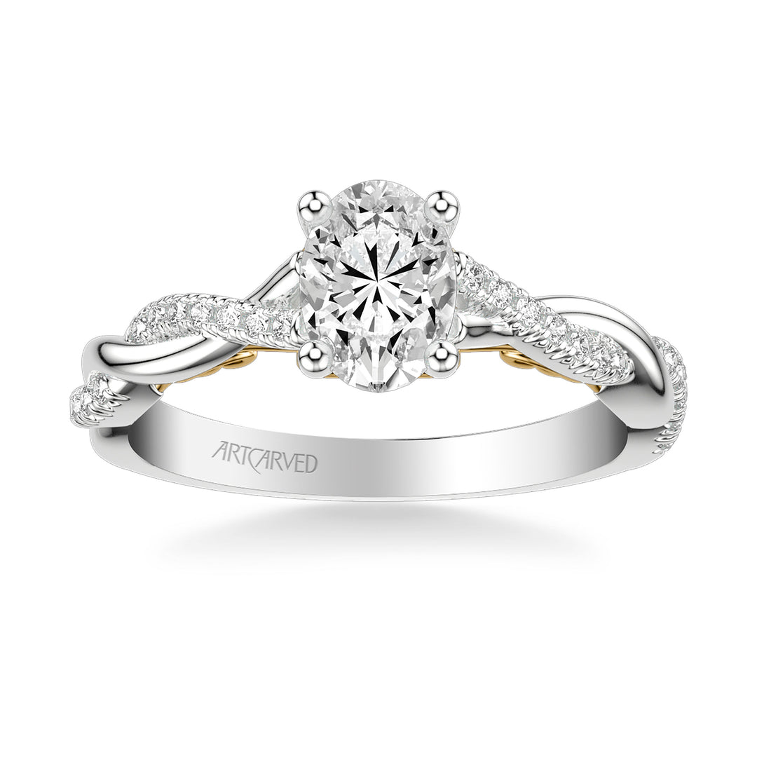 Lyric Engagement Ring with Carved Gallery details and Alternating Diamond and Polish Twist Shank