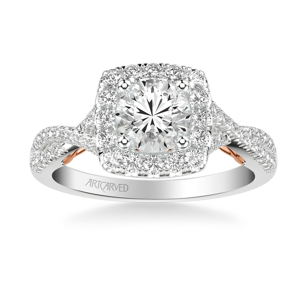 31-V1013-E - ARTCARVED - Lyric Engagement Ring with Cushion Diamond Halo and Carved Gallery details with Twist Diamond Shank