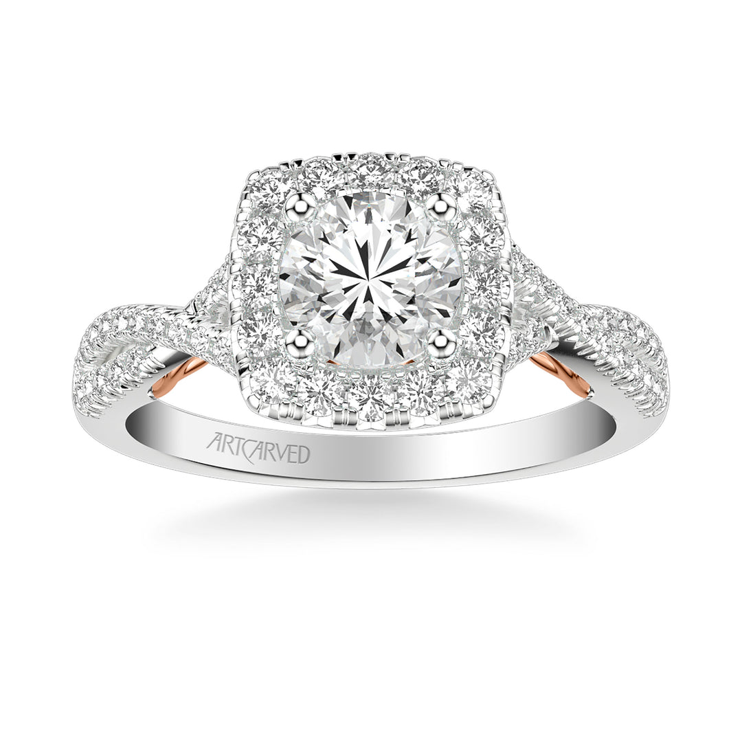 31-V1013-E - ARTCARVED - Lyric Engagement Ring with Cushion Diamond Halo and Carved Gallery details with Twist Diamond Shank