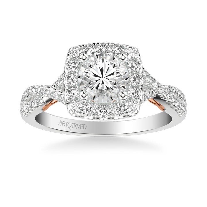 31-V1013-E - ARTCARVED - Lyric Engagement Ring with Cushion Diamond Halo and Carved Gallery details with Twist Diamond Shank
