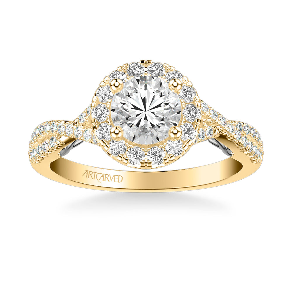 Lyric Engagement Ring with Round Diamond Halo and Carved Gallery details with Twist Diamond Shank.  Center Stone is not included.